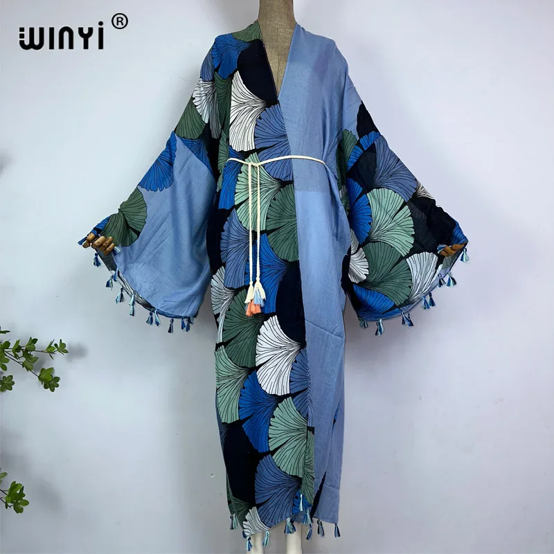 WINYI kimono summer print kaftan Bikini Cover-up Cardigan sexy Holiday maxi beach swimsuit evening party tassels dress with belt