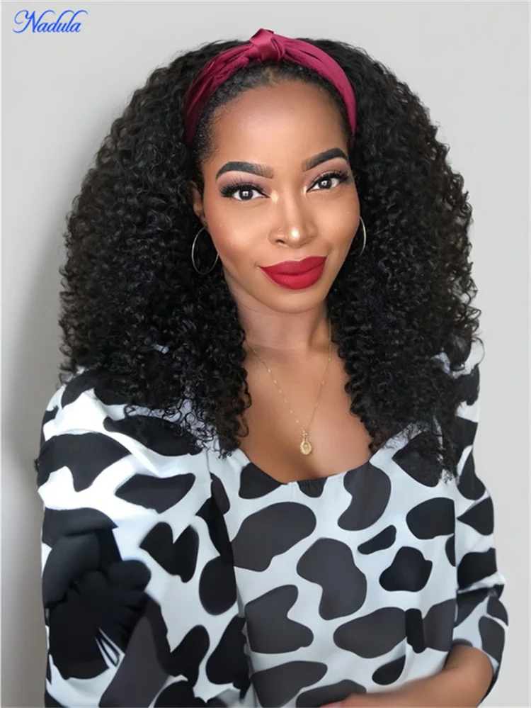 

Nadula Afro Curly Flip Over 3/4 Half Wig Blend & Secure Put On And Go Kinky Curly Human Hair Wigs With Free Headbands