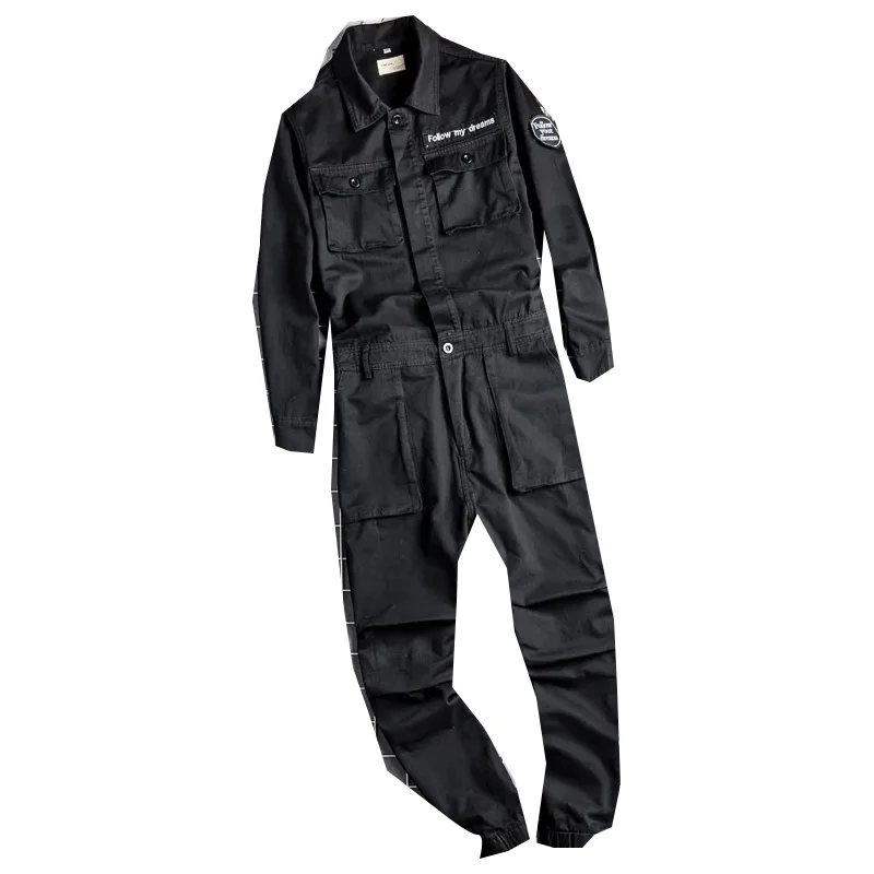 Men's Joggers Jumpsuits Casual Multi Pockets Cargo Pants Black Long Sleeve Working Suits Badge Overalls Coveralls