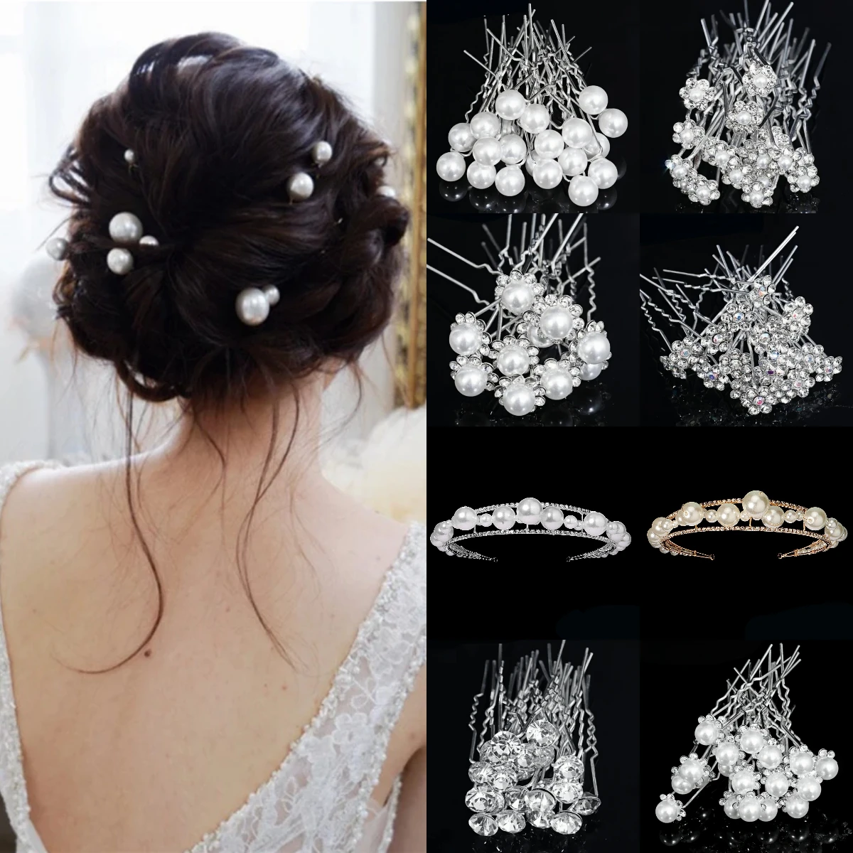 Fashion U-shaped Pin Metal Barrette Clip Pearl Hairpins For Bride Flower Clear Crystal Tiara Wedding Jewelry Hair Accessories