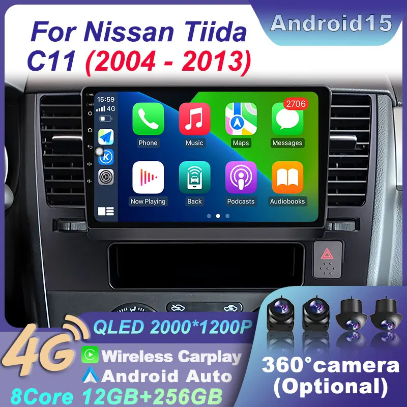 Carplay Player 2 Din BT Car Radio for Nissan Tiida C11 2004-2013 Android 15 Head Unit Navigation GPS Multimedia Stereo Autoradio