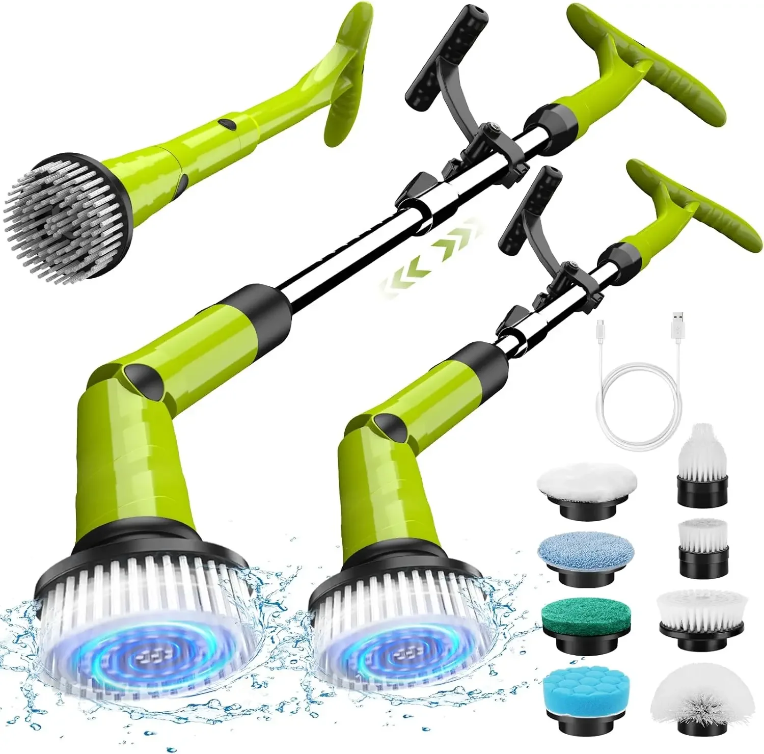 Cordless Spin Scrubber, Escova de limpeza a bateria, Escova de chuveiro com 8 cabeças substituíveis, 3 configurações ajustáveis