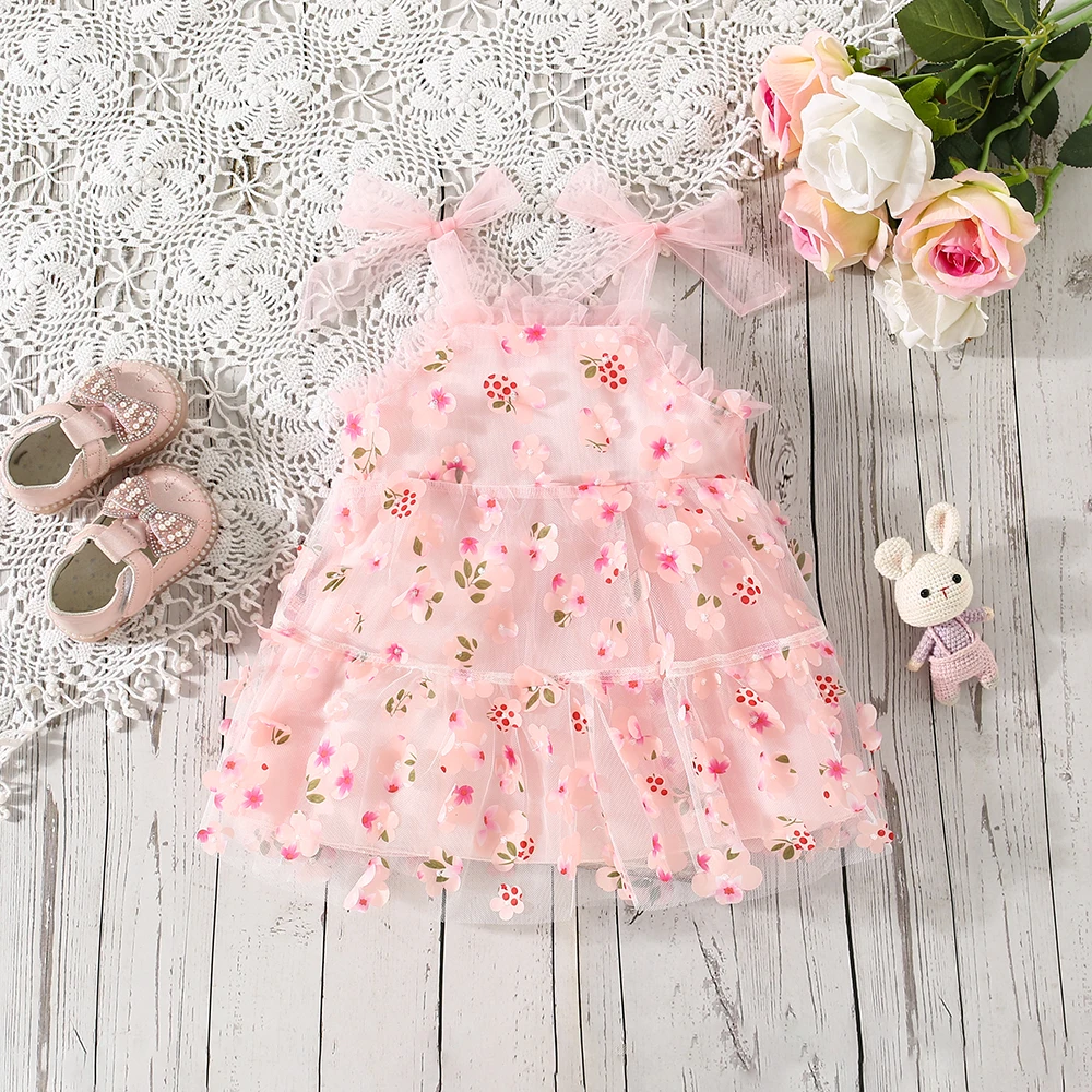 Girls\' Dress Summer Little Girl Full of Flowers Leaves Mesh Strap Bow Strap Princess Cake Dress