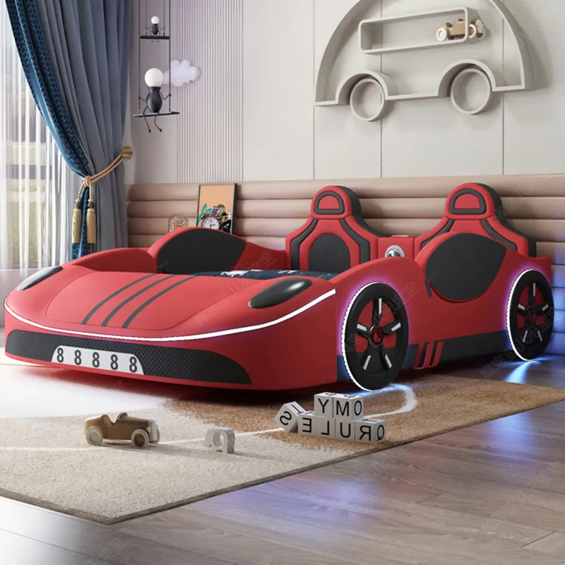 Bed boy car primary school student double solid wood with guardrail, single household cartoon sports car bed