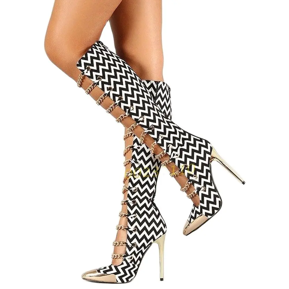 Zebra Stripes Chain Gladiator Boots Metal Toe Iron Chain Splicing Sandals Boots White Black Sexy Autumn Fashion Women High Boots