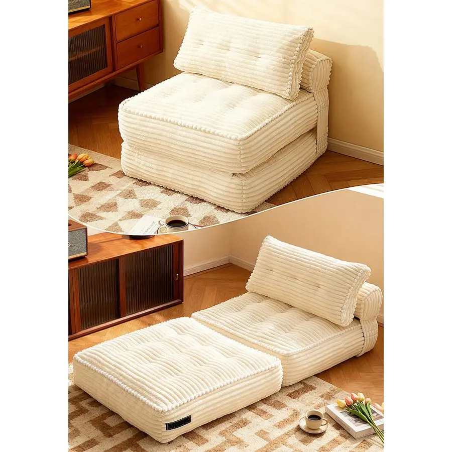 

Folding Sofa Bed, Corduroy Convertible Sleeper Chair with Pillow, Foldable Single Futon Chair for Living Room, Beige