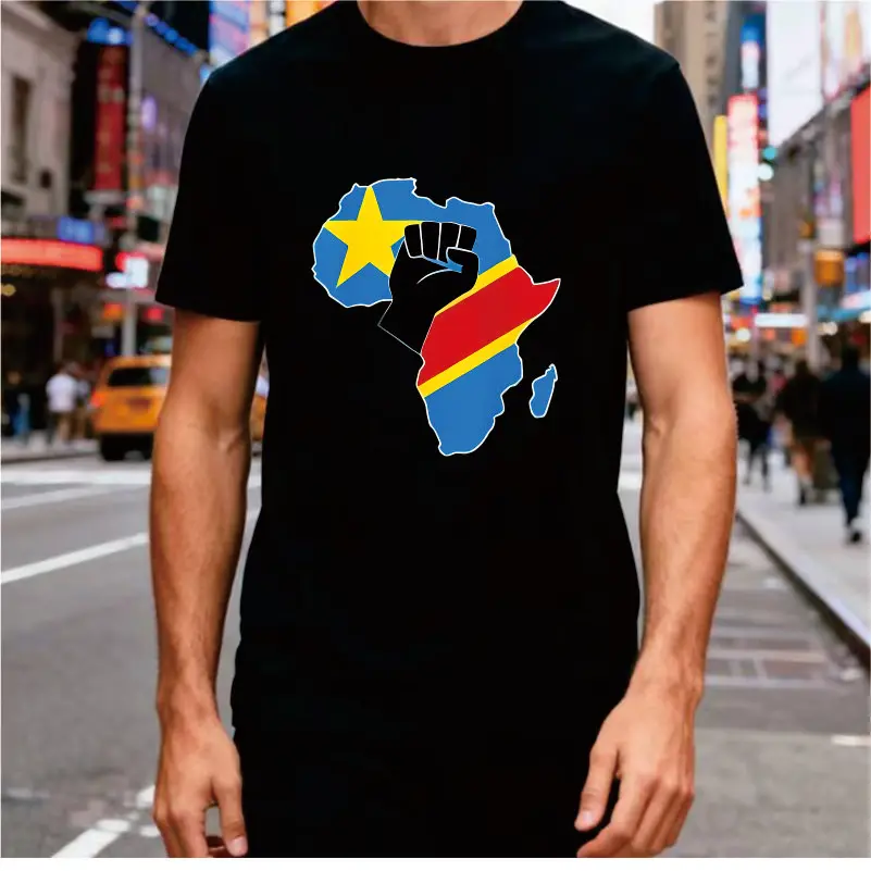 T-shirt à manches courtes avec motif du drapeau de la République démocratique du Congo, carte d'Afrique et représentation d'un poing, sur le thème de l'unité africaine, modèle ample pour hommes et femmes.