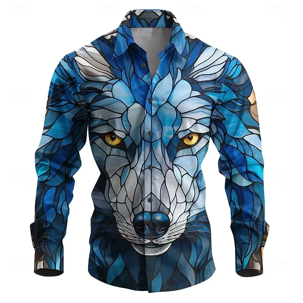 2024 Wolf Artistic Men's Button Up Shirt Long Sleeve Party Evening Daily Fall Winter Shirt Collar 3D Print Thin Blue Polyester