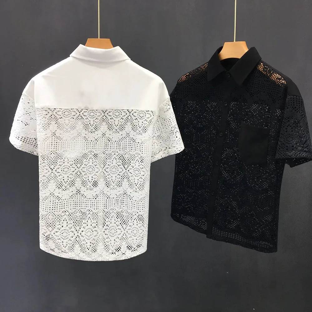 Mens Hollow Sexy Lace Short Sleeve Casual Shirt See-Through 2024 New Genderless Fashion Versatile Youth Trend Retro Shirt Unisex