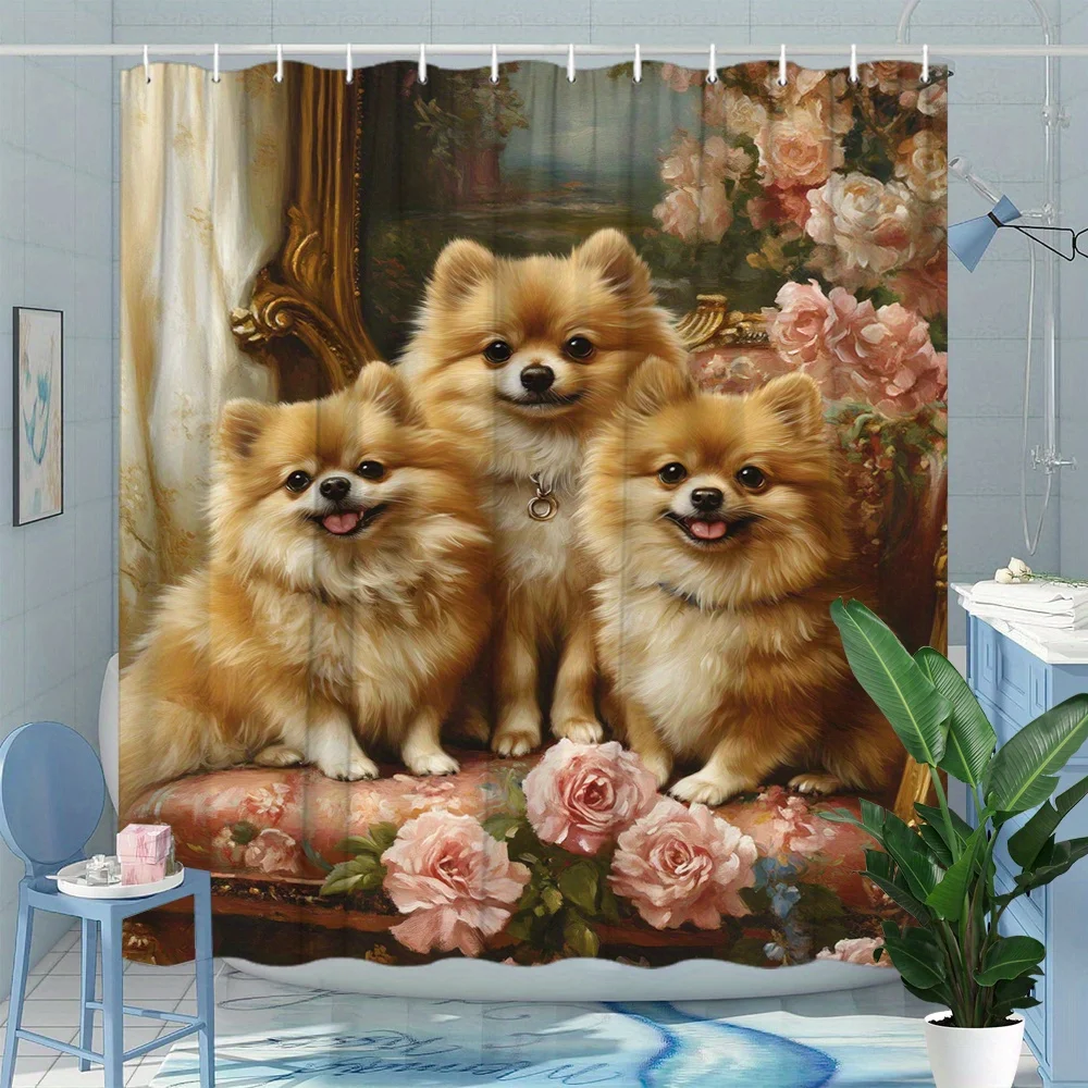 Waterproof Floral Dog Shower Curtain Bathroom Decoration Polyester Pet Art Puppy Garden Wall Decor Curtain Liner for Master Bath