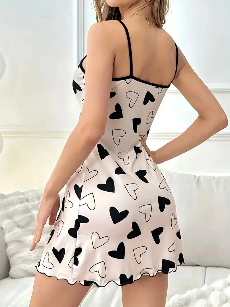 Heart Print Casual Sleepwear Women's Sexy Lingeire Nightdress Frill Trim Round Neck Backless Slip Dress Comfortable Nightgown