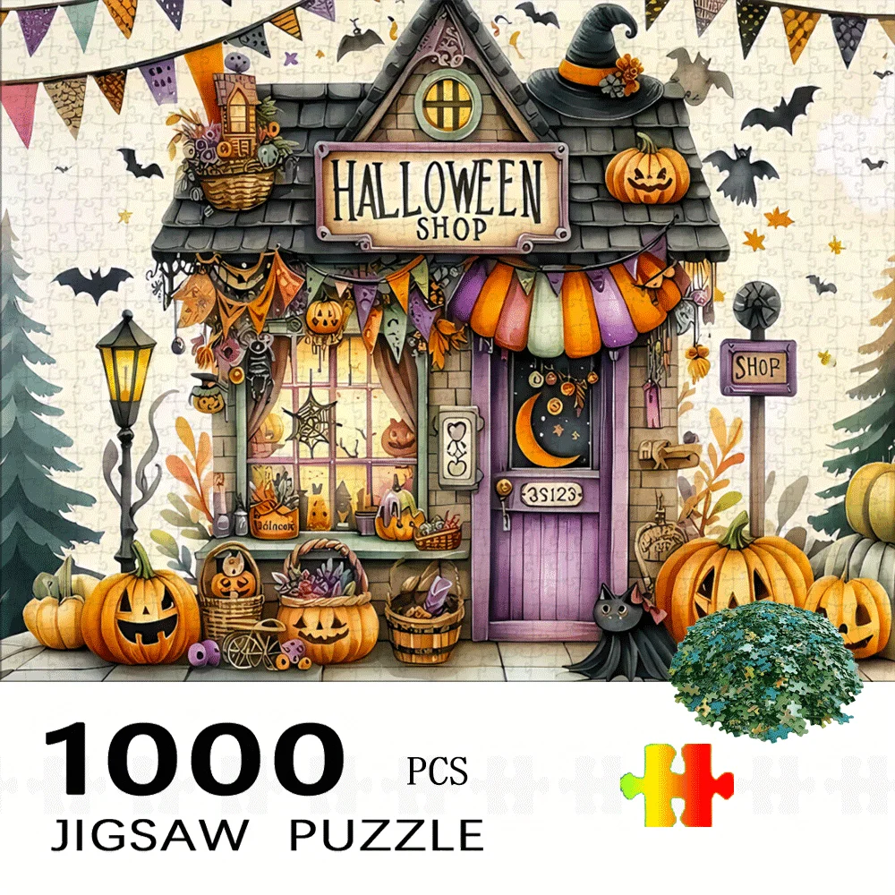 1000 Stück Halloween Shop Puzzle – gruselige Kürbisfledermäuse, Hexen, Hüte, Szene, lebendige Farben, großes Puzzle für Erwachsene und Familie