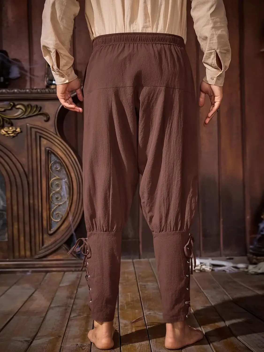 Mens Medieval Ankle Banded Pants Renaissance Viking Pirate Navigator Pants Lace Up Cotton Halloween Trousers