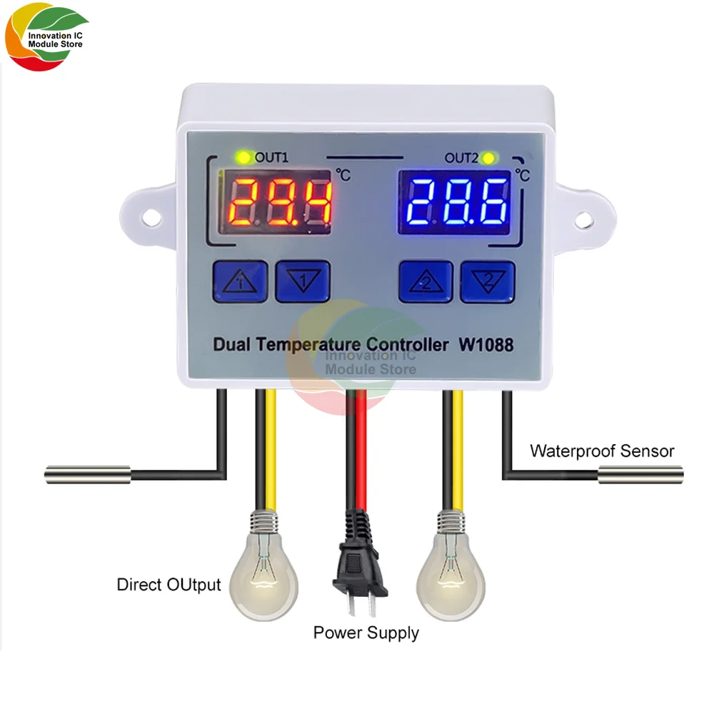 W1088 podwójna lampa LED cyfrowy czujnik temperatury miernik kontroler podgrzewany elektrycznie termostat 220V akwarium inkubator termoregulator