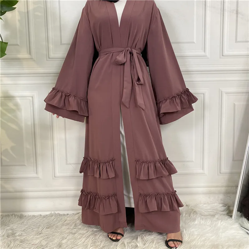 

Dubai Solid Color Arab Abaya Muslim Women Open Kimono Ruffle Islamic Kaftan Maxi Robe Ramadan Middle East Pakistani Eid Mubarak