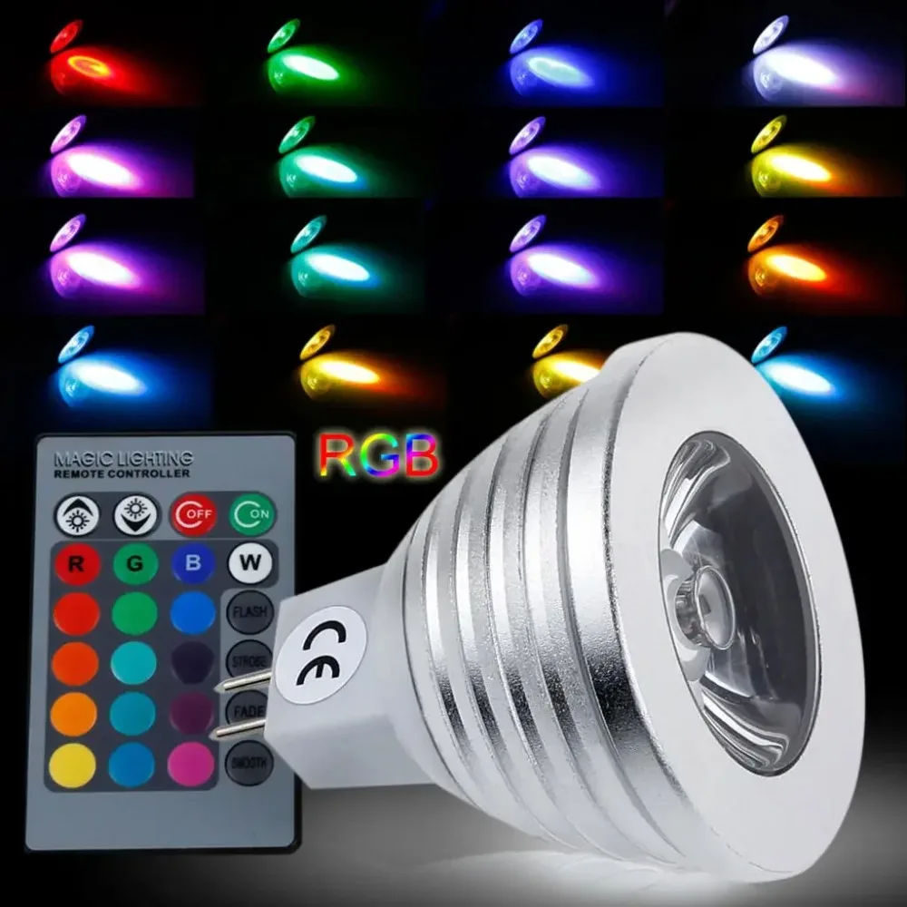 Mới Nhất MR16 3W RGB Bóng Đèn Pha LED RGB 16 Đổi Màu + Tặng 24 Phím Điều Khiển Từ Xa AC/DC 12V