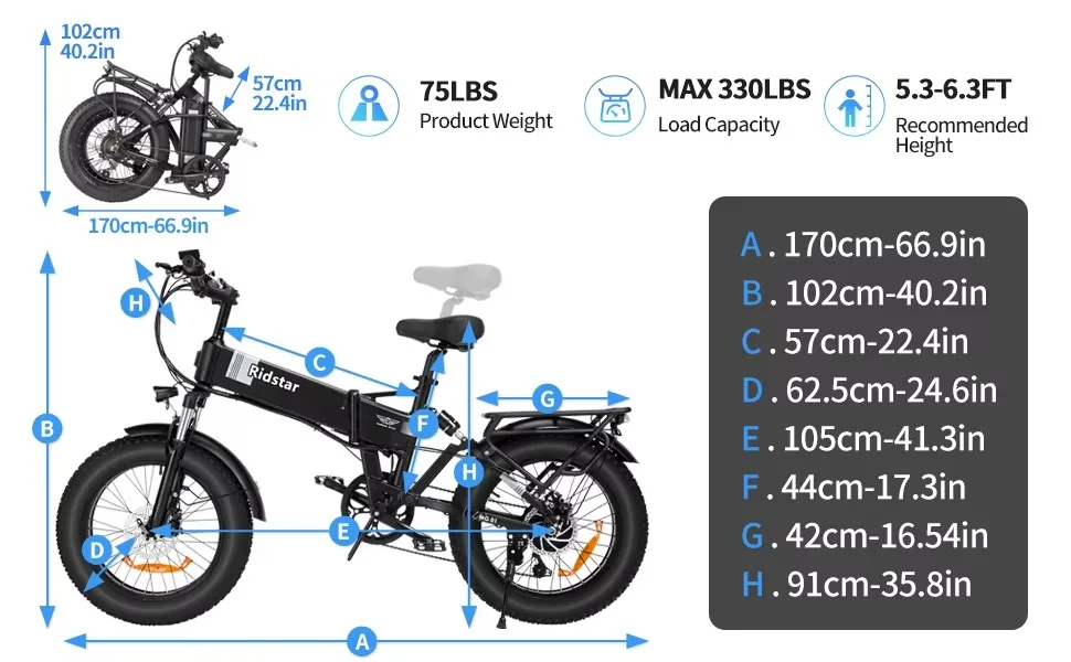 2000W Dual Motor 48V 23AH Battery Electric Bike 20*4.0 inch Fat Tire Mountain E bike Ridstar H20 Pro Foldable Electric Bicycle