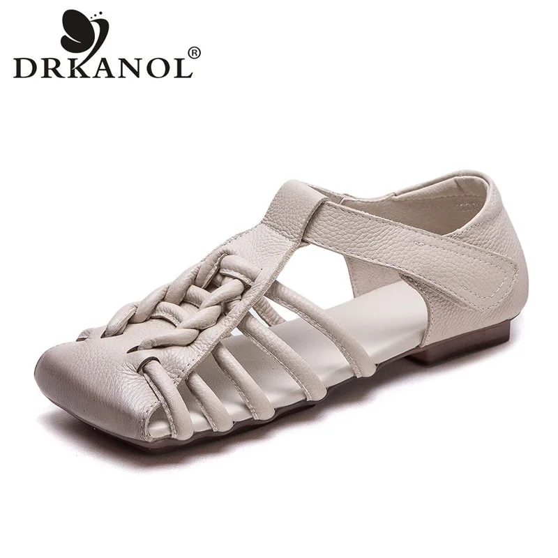 

Женские сандалии DRKANOL 2026 в ретро-стиле, ручной работы, плетеные, из натуральной кожи, на плоской подошве, в римском стиле, летние, с вырезами, с квадратным носком, для женщин