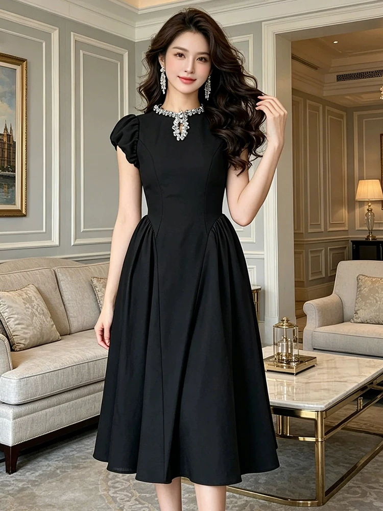Elegantes schwarzes Midikleid für Damen, hohler O-Ausschnitt, Puffärmel, schmale A-Linie, Robe, Cocktailparty, Abend, formell, modisch, Sommer