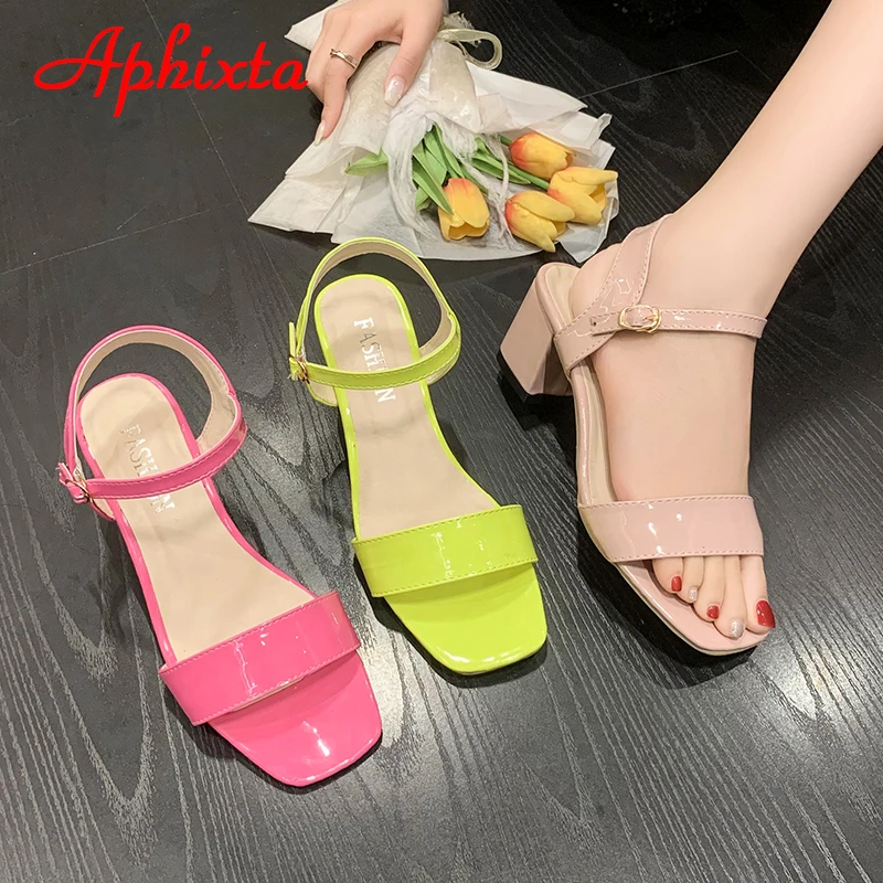 Aphixta Plus Size 46 New Summer Ankle Strap Peep Toe Leather Sandals Women Shoes 5cm Square Heel Simple FluorescentGreen Slides