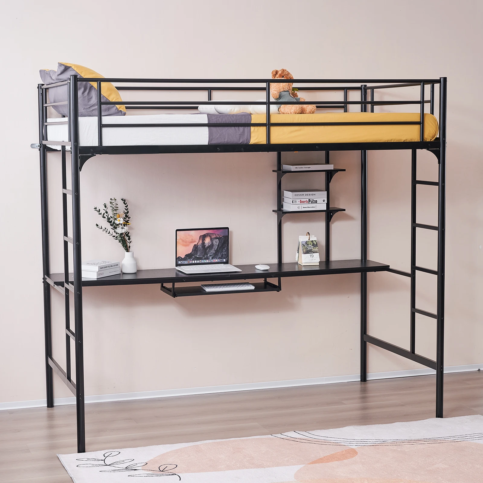 [Flash Sale]198x143x182CM Full Size Elevated Bed With Table Shelf Iron Bed Black[US-Stock]