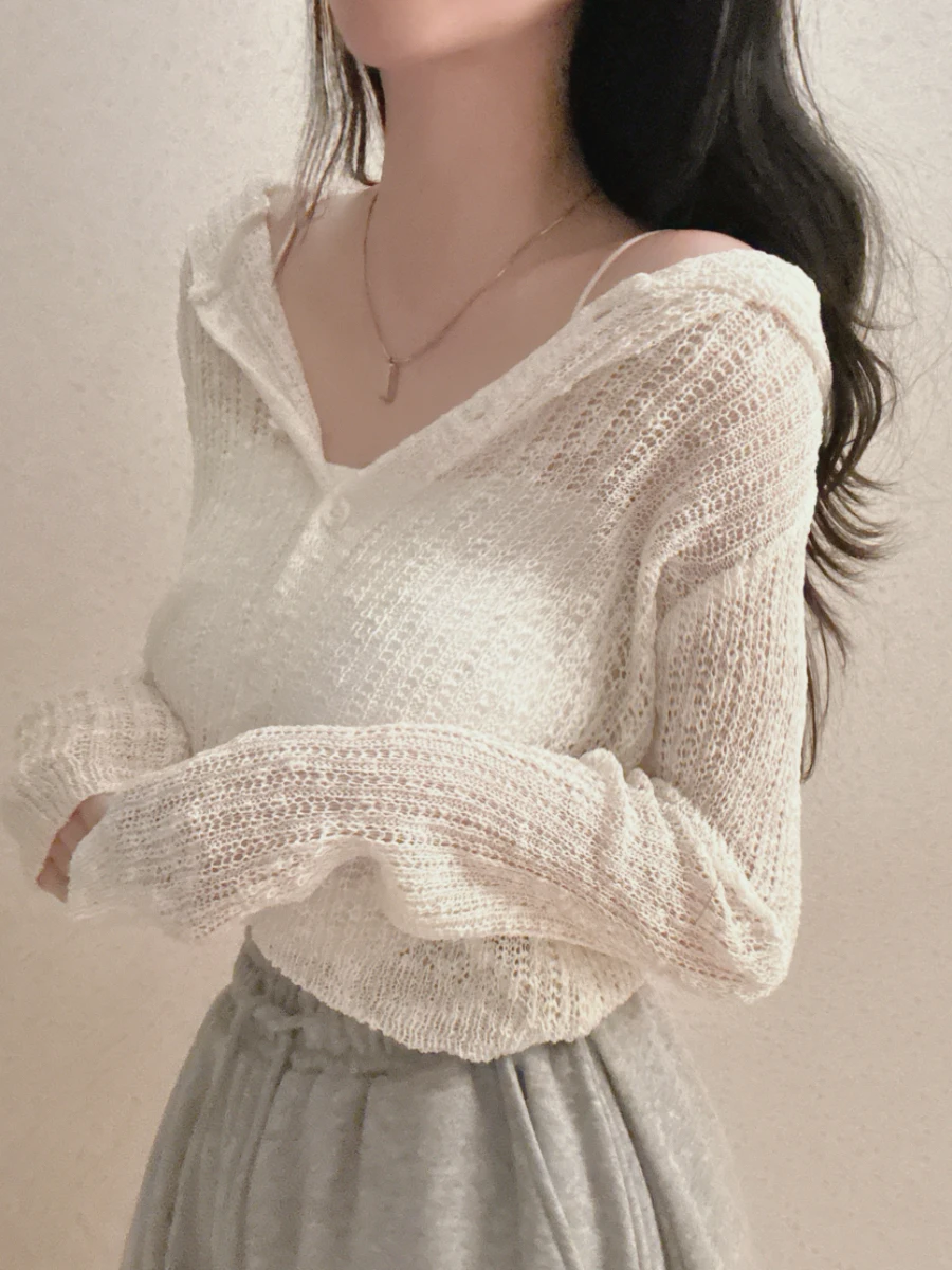 

Original Spring Summer Thin Korean Style Knitted Hat Long Sleeve Ice Silk Coat Women's Fashionable Slim Fit Breathable Outerwear