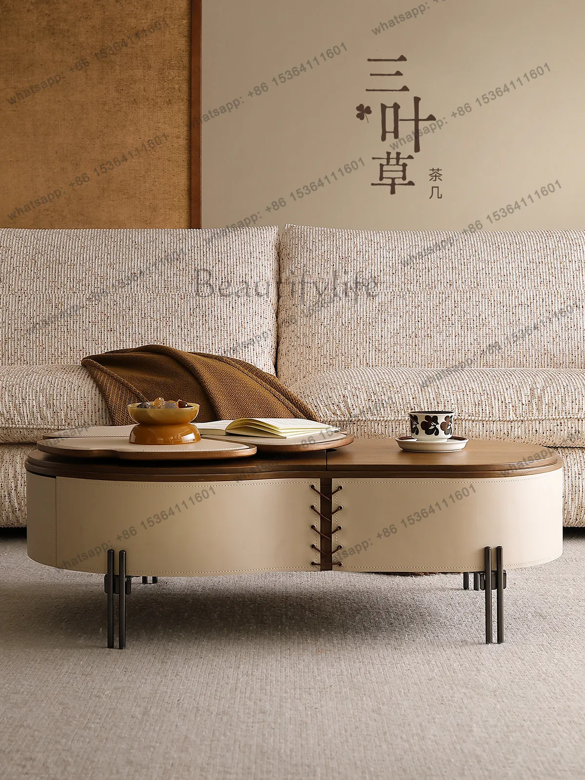 Coffee table saddle leather living room 2026 new small apartment liftable antique style