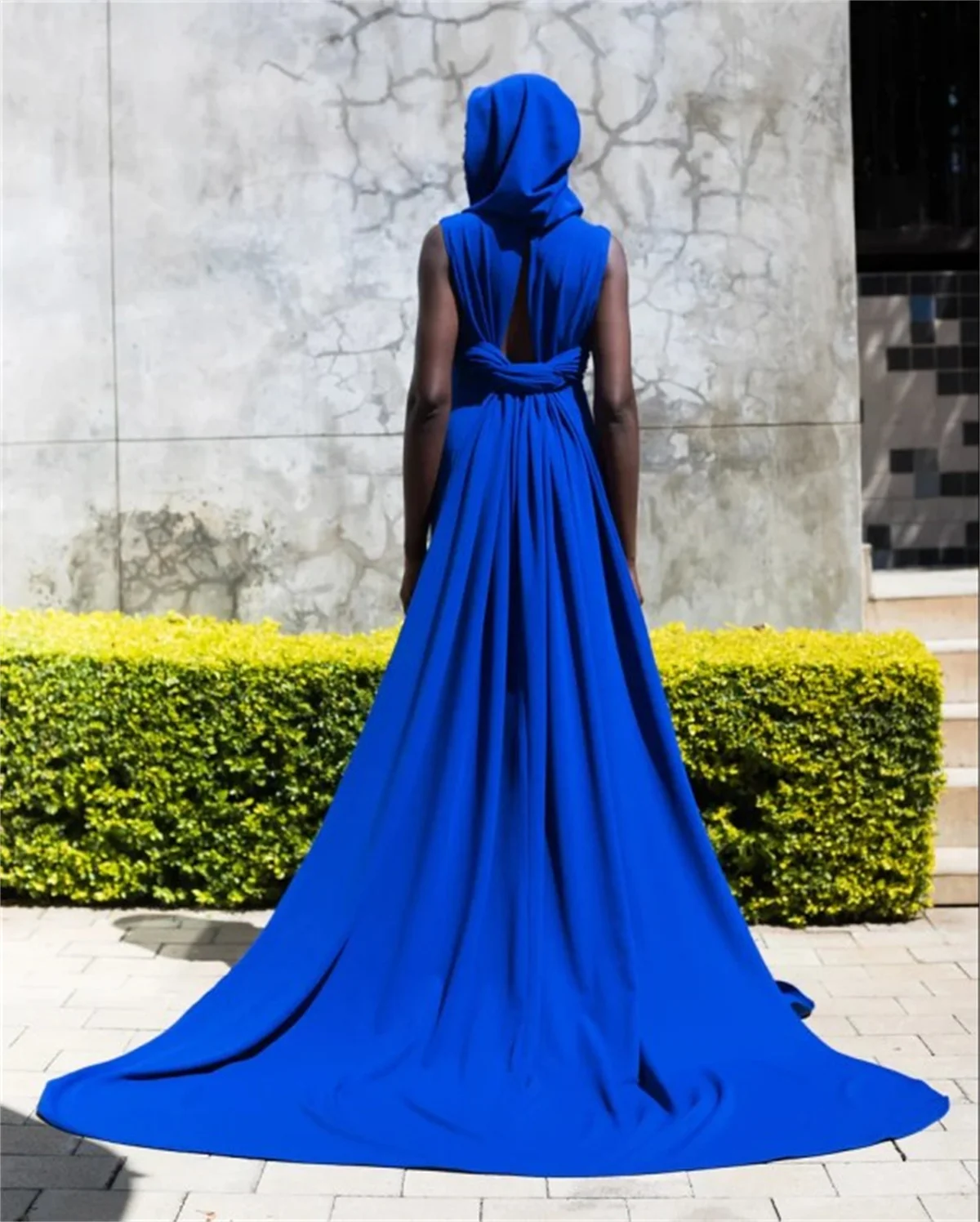 Solid Blue Mermaid Muslim Evening Dress Saudi Arabia Hooded Sleeveless Detachable Trailing Formal Dresses Long Customized