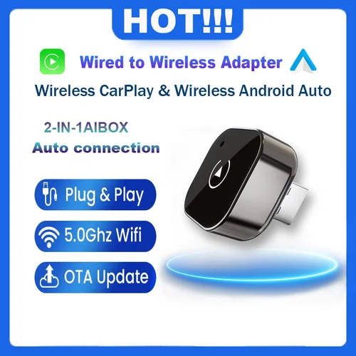 Imagen 1 del producto Adaptador Carplay inalámbrico para Android iPhone Auto 2 en 1 cableado a caja AI inalámbrica conexión USB para Volvo Benz Mg Kia Chery VW