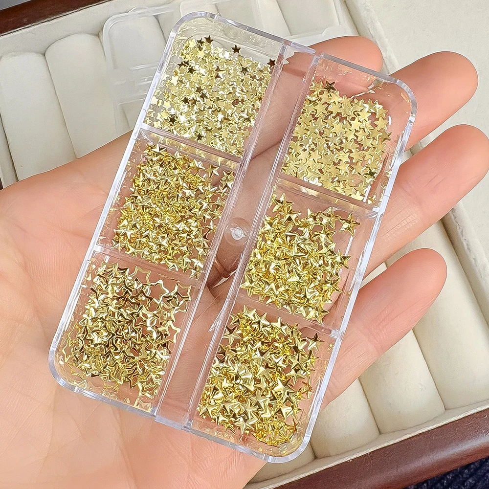 6 Girds uitgehold/massief goud zilver vijfpuntige ster nagelbedels mini stervormige metallic nail art decoraties manicure decor