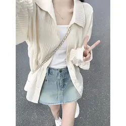 Women's Summer Thin Fashion Simplicity Turn-down Collar Long Sleeve Shirts Coat Women Clothes All-match Casual Loose Tops