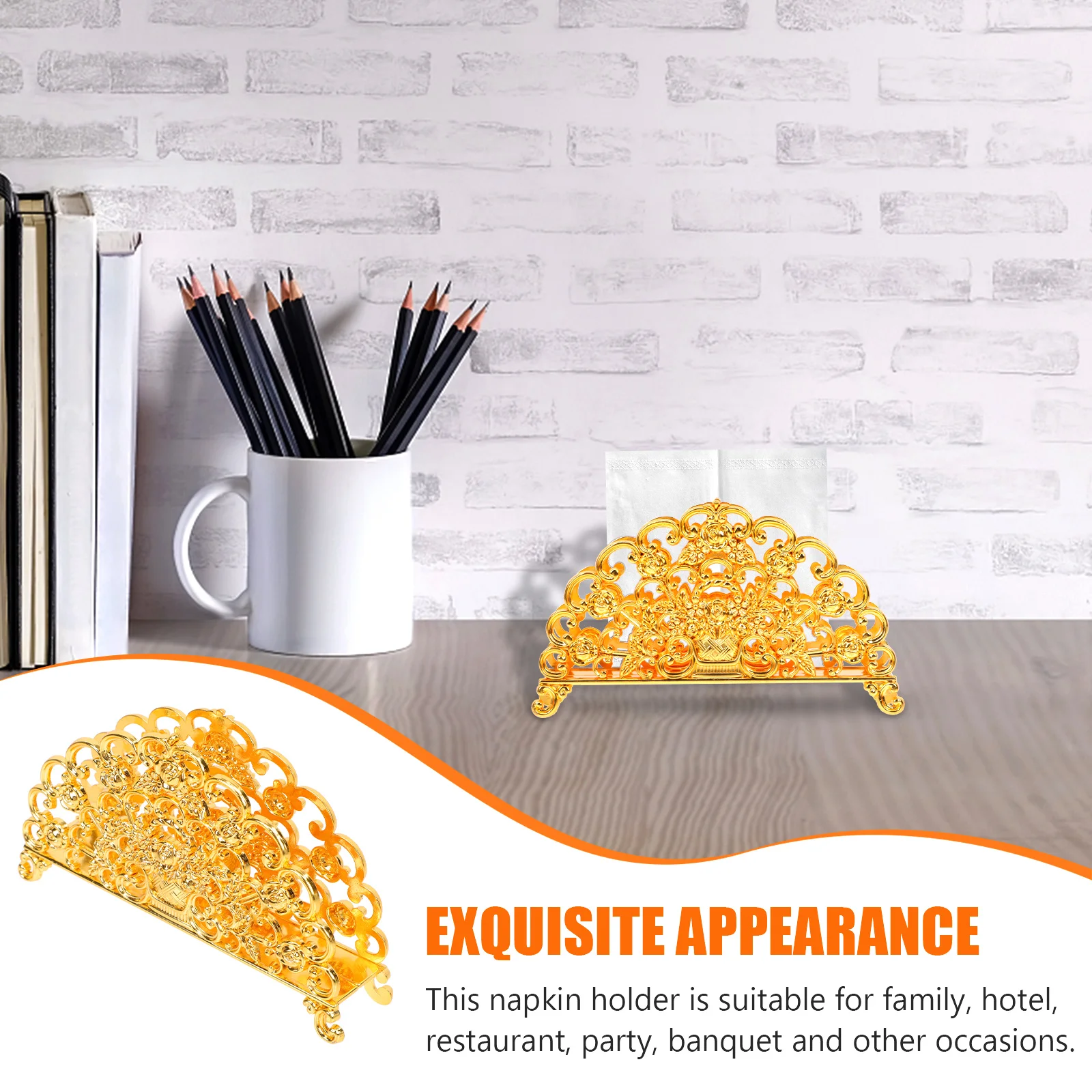 

Stylish Zinc Alloy Napkin Holder Arabic Design Tissue Stand For Home Hotel Party Golden Small Size Easy Storage Smooth