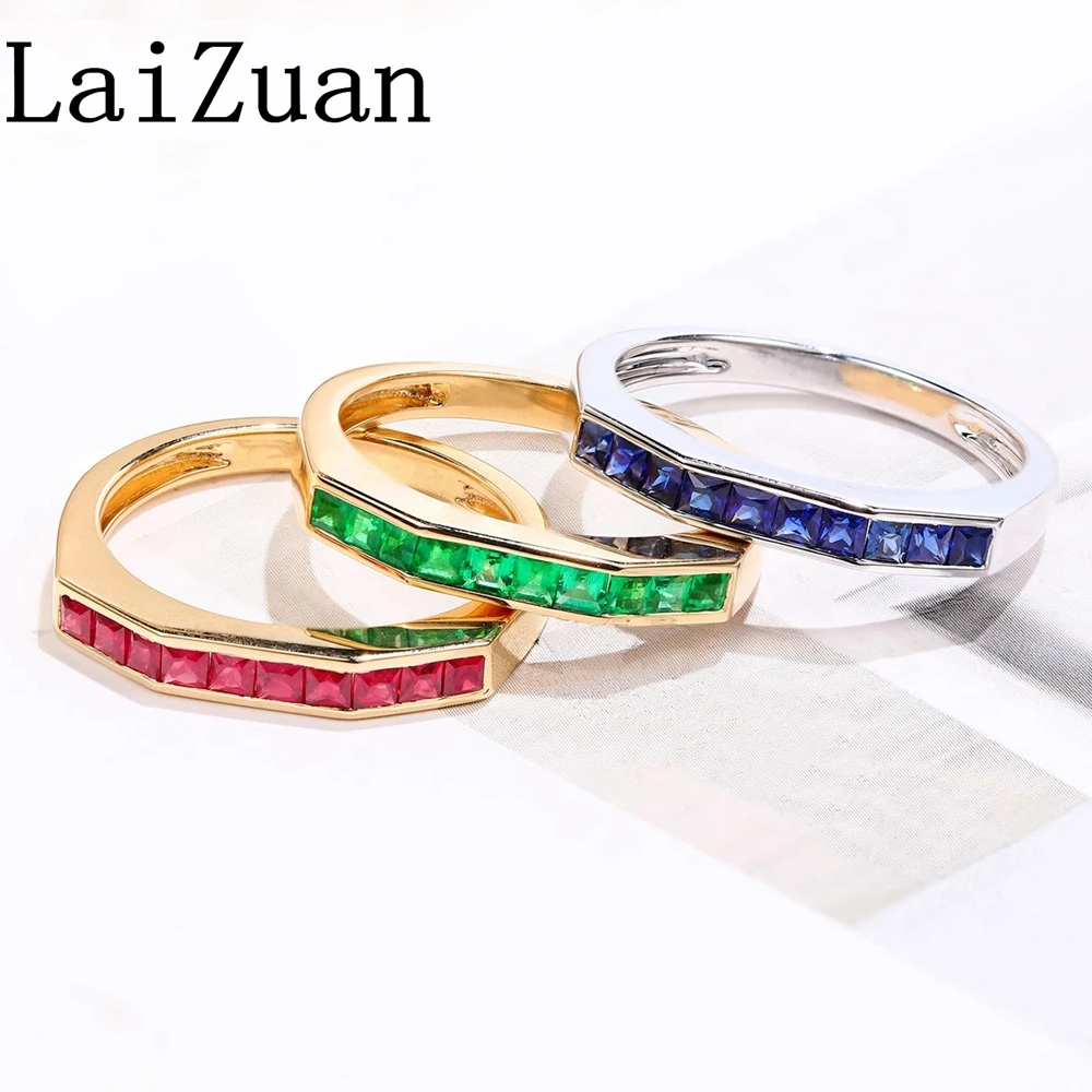 LaiZuan Solid 18K Yellow Gold Ring Genuine Ruby/Sapphire/Emerald Ring Ladies Genuine Gemstone Jewelry Party Band Stackable