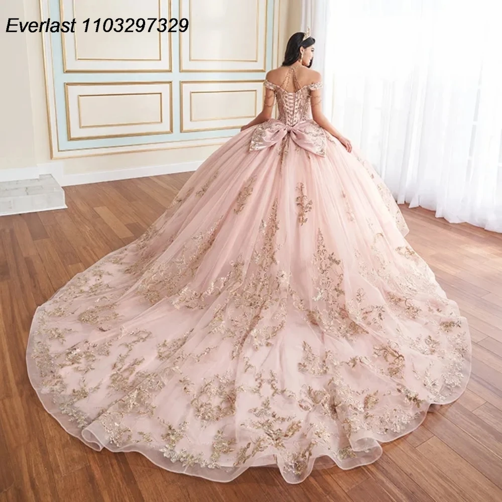 Блестящее розовое платье EVLAST Quinceanera, бальное платье, Золотая Кружевная аппликация, бисер, бант, Мексиканский корсет, милое 16 Vestidos De 15 Anos TQD847