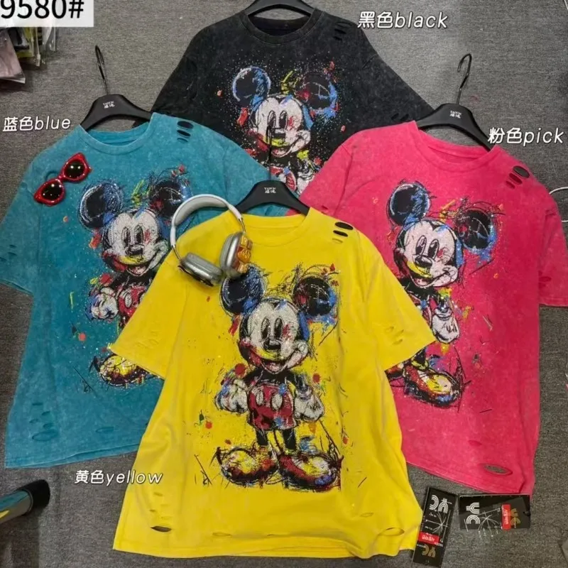 2025 New Spring Summer Loose Short Sleeve T-shirt Mid-long Hole Mickey Hot Drilling Oversize Top Casual Women Cotton Tees O-neck