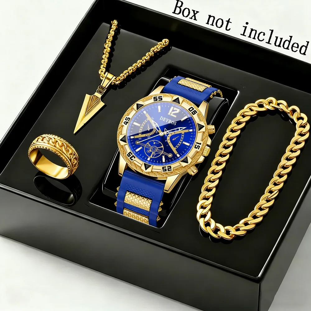 4pcs/Set Men'S Quartz Watches & Jewelry Set | Men'S Necklaces Ring | Men'S Bracelets | Suitable for Casual And Business Wear