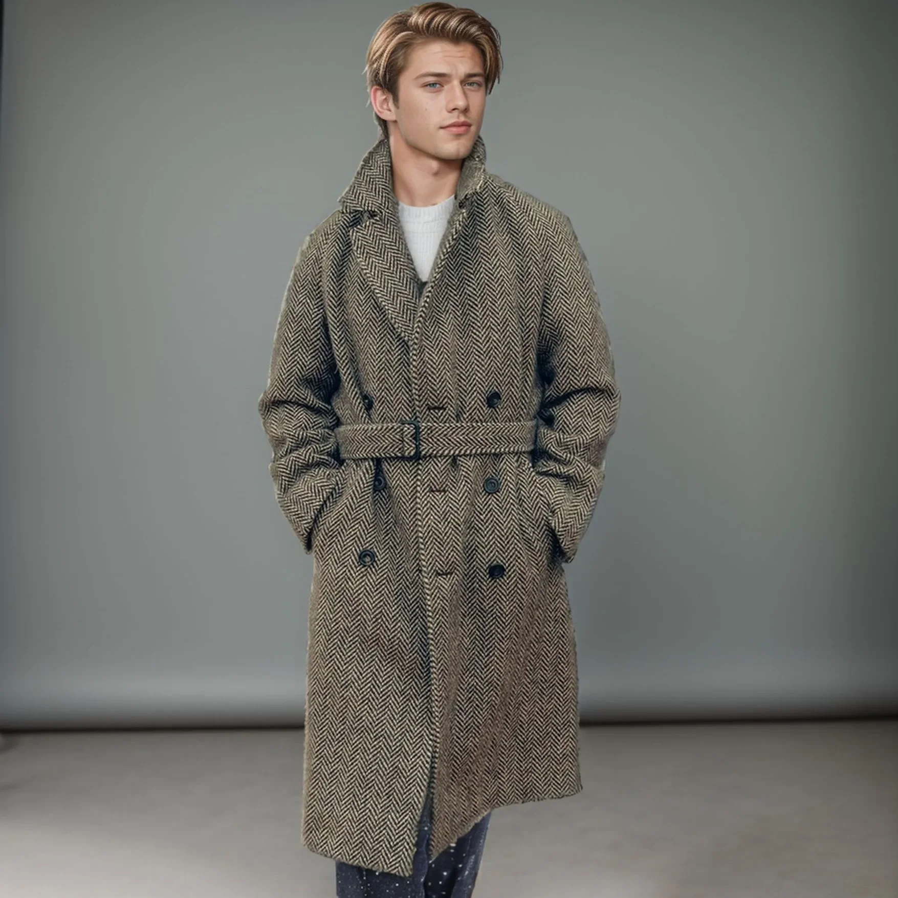 2026 European and American Men Mid-Long Wool Checkered Double-Breasted Casual Cotton-Padded Thickened Coat for Autumn and Winter