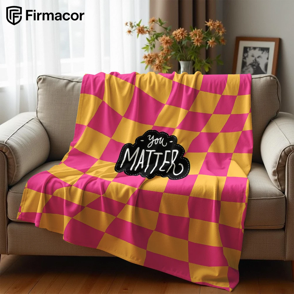 Pink Orange Check Slogan Cartoon Anime Print Flannel Blanket Soft Warm Throw for Kids Bedroom Sofa Bed Christmas Office Car