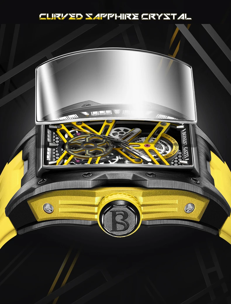BONEST GATTI Orologio automatico da uomo 46MM Moda Tonneau Orologio da polso meccanico 50M Impermeabile Zaffiro Luminoso Viton Strap Sport