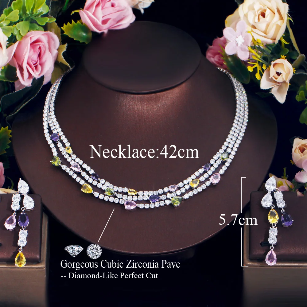 CWWZircons Shiny Turtle Cubic Zirconia Pave Colorful Multilayer Costume Necklace Women Wedding Bridal Party Jewelry Sets T680