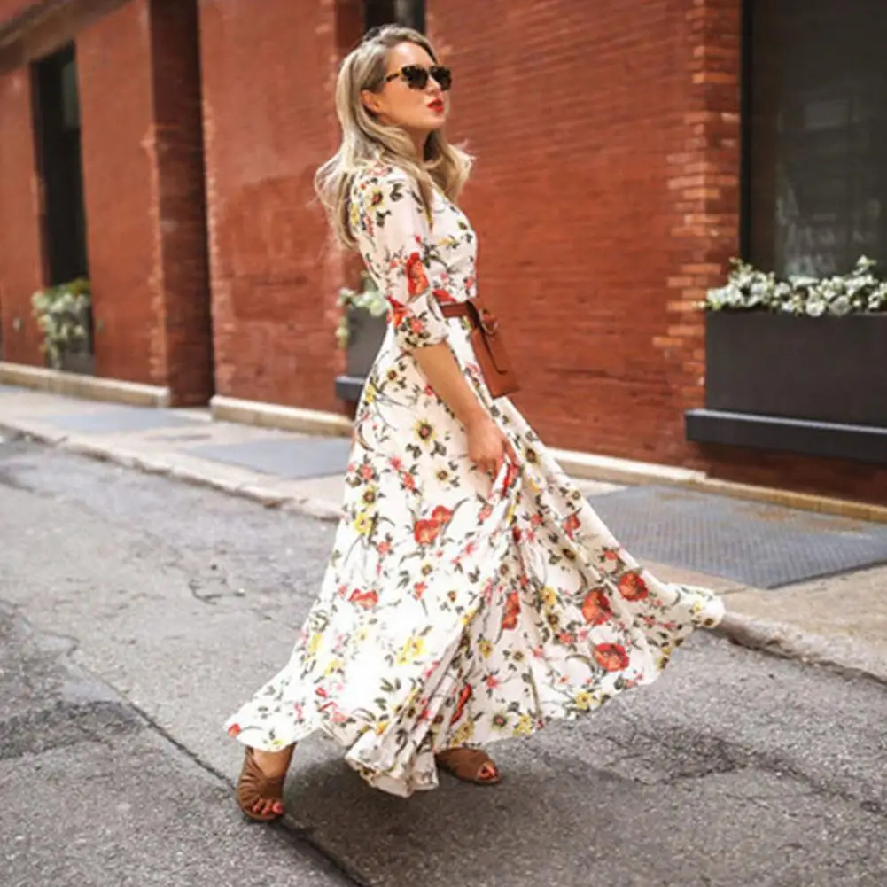 Flower Print Women Dress Chiffon Floral Half Sleeve High Waist Beach Woman Dresses 2024 Bohemian Women Maxi Dress Party Dress