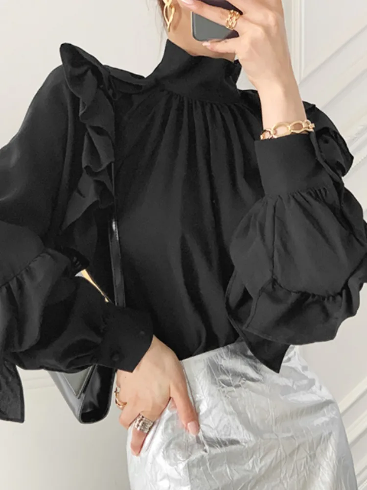 

Retro Court Sle Bla Long Sve Women's irt Stand Collar Gored Hemline Faionable Design Spring Autumn Seasonal Wear