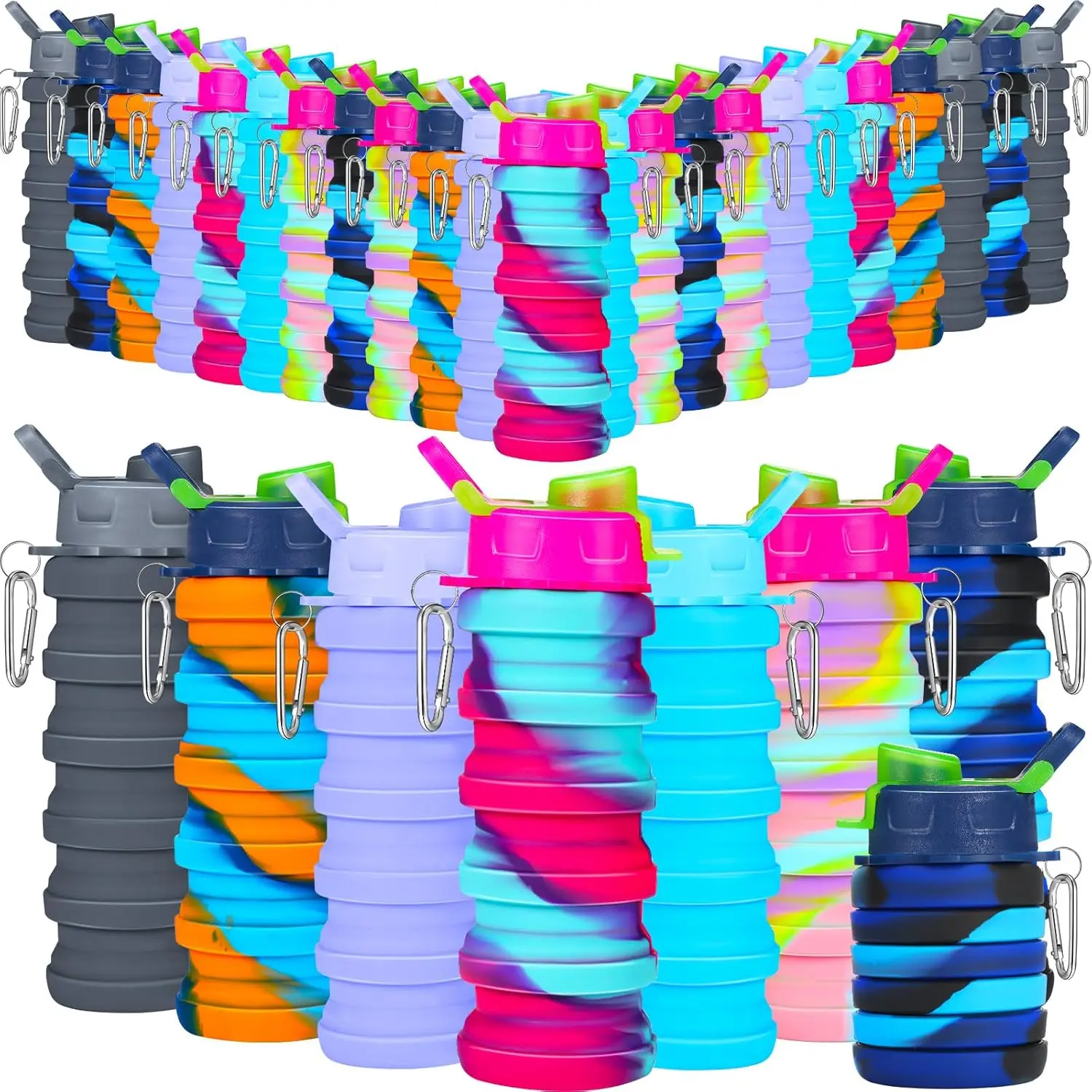 30 Pack Collapsible Water Bottles 17oz Silicone Portable Water Bottle Bulk Foldable Leak Proof Water Bottle Reusable Camouflage