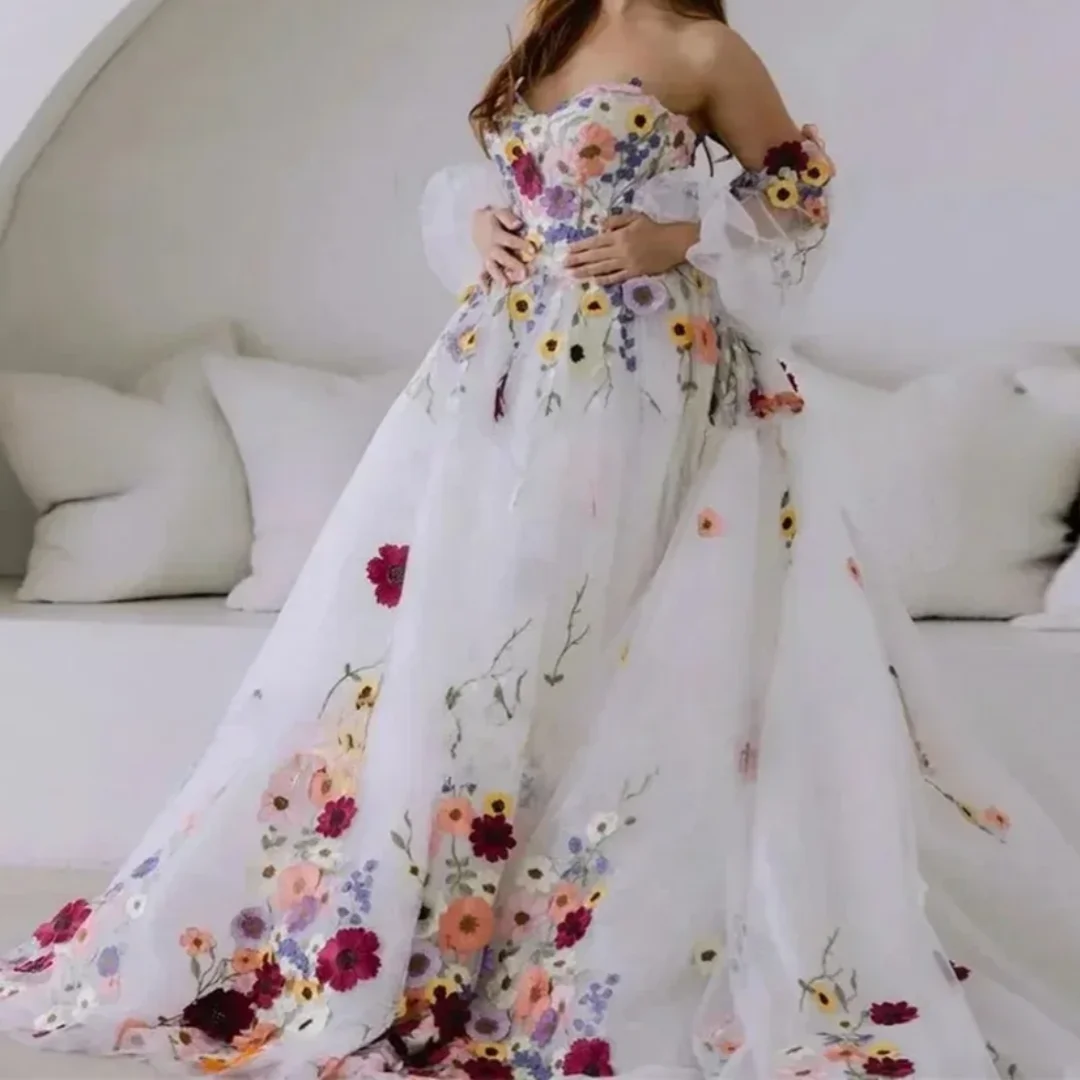 

Wedding Party Dresses 3d Flowers Puff Sleeves Bridal Dress Embroidery Floral Tulle Prom Dresses Customized