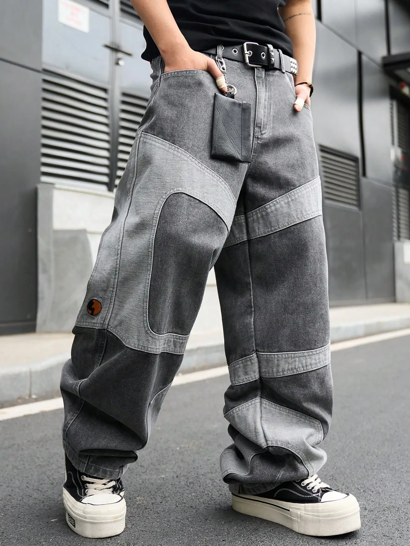 Men Grey Patchwork Baggy Jeans Color‑Block Spliced Wide Leg Floor‑Dragging Denim Pants Streetwear Hip‑Hop Loose Trousers