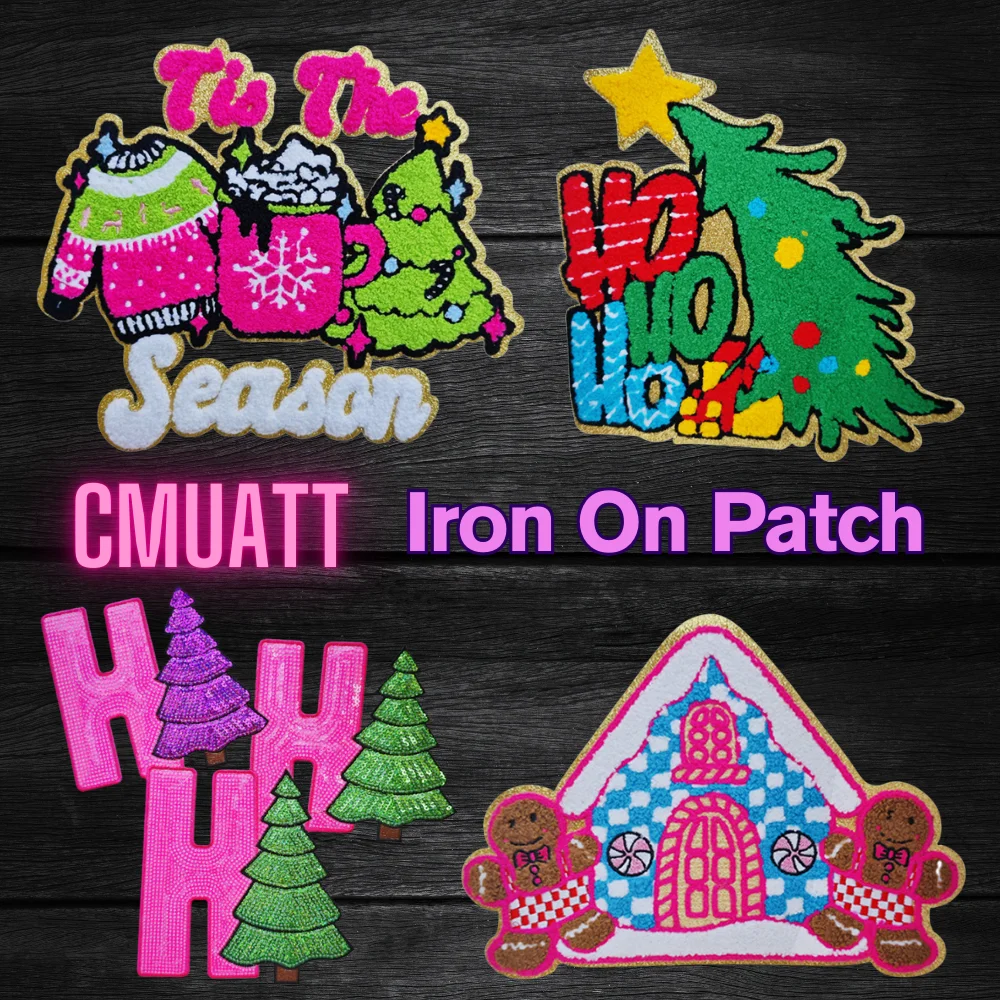 

Hot Cocoa Sweater Christmas Trees Ho Ho Ho Cozy Holiday Tis The Season Glitter Edge Towel Chenille Iron on Patches for Clothing