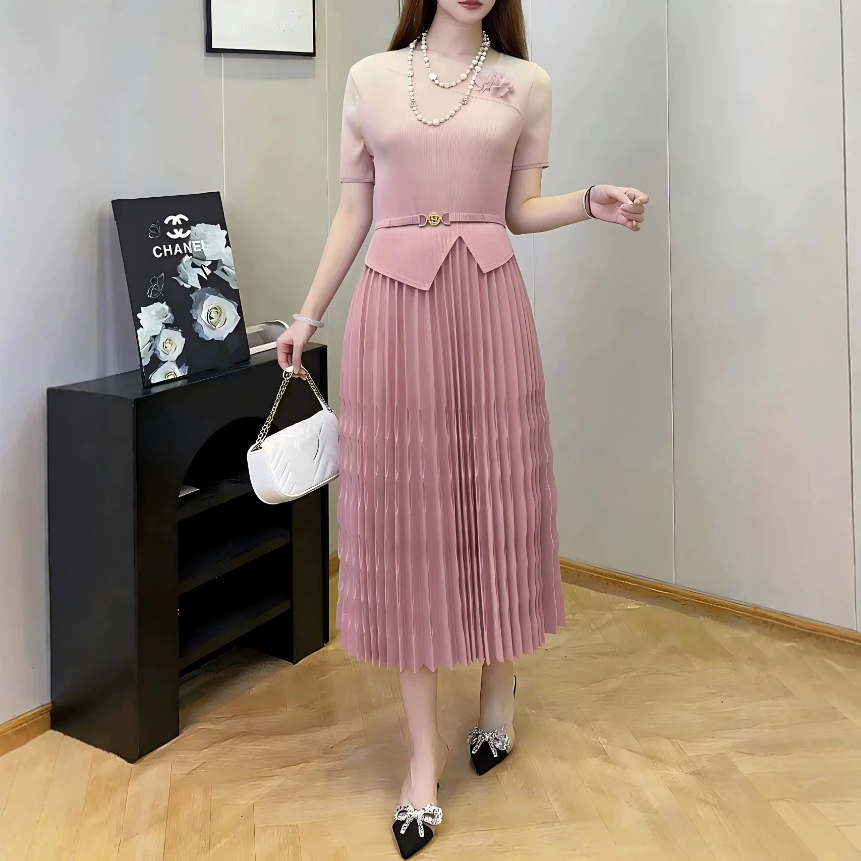 Miyake Pleated Women's Casual Dress 2026 New Gradient Color Bow Sloped Collar Short-sleeved Loose Fake Two-piece Elegant Dress