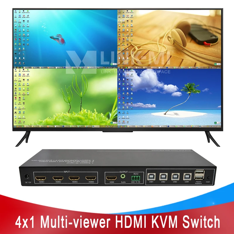 

LINK-MI 4x1 HD Multi-viewer Synthesizer with KVM 1080P 4 HDMI USB Input with 3.5mm Audio Switch Seamless Switch