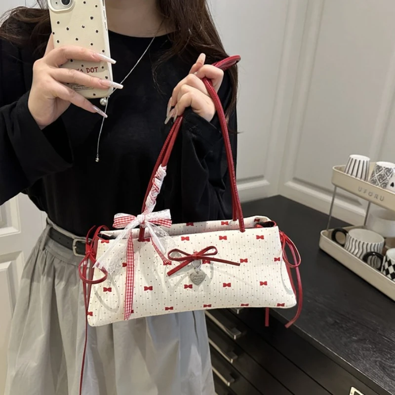 Sweet Bow Print Underarm Shoulder Bag for Women ,Vintage Lace Ribbon Small Handbag  Commuter Purse for Dating Party Daily Casual