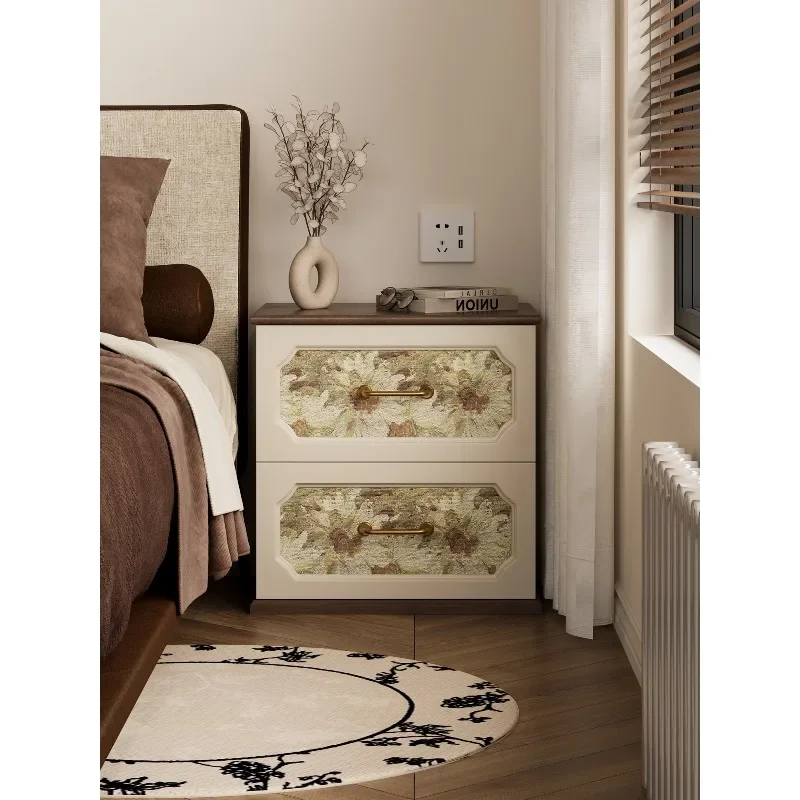 Medieval printed drawer bedside table solid wood household bedroom bedside table small storage rack edge few